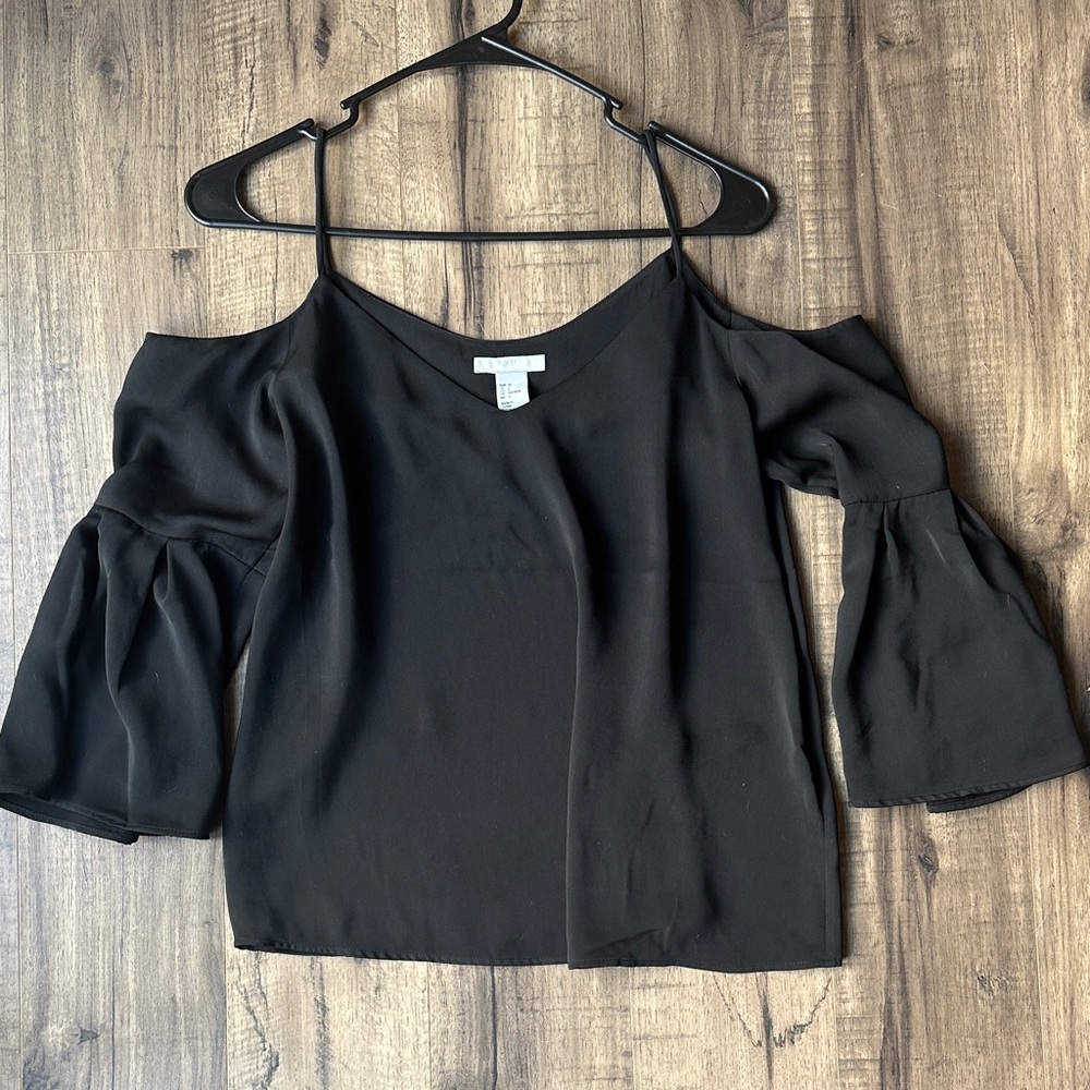 Satin Black Cold Shoulder Top with Bell Sleeves